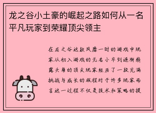龙之谷小土豪的崛起之路如何从一名平凡玩家到荣耀顶尖领主
